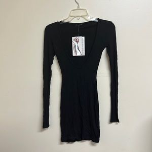 Naked Wardrobe - S - Black - Long Sleeve - Deep V - Mini Dress